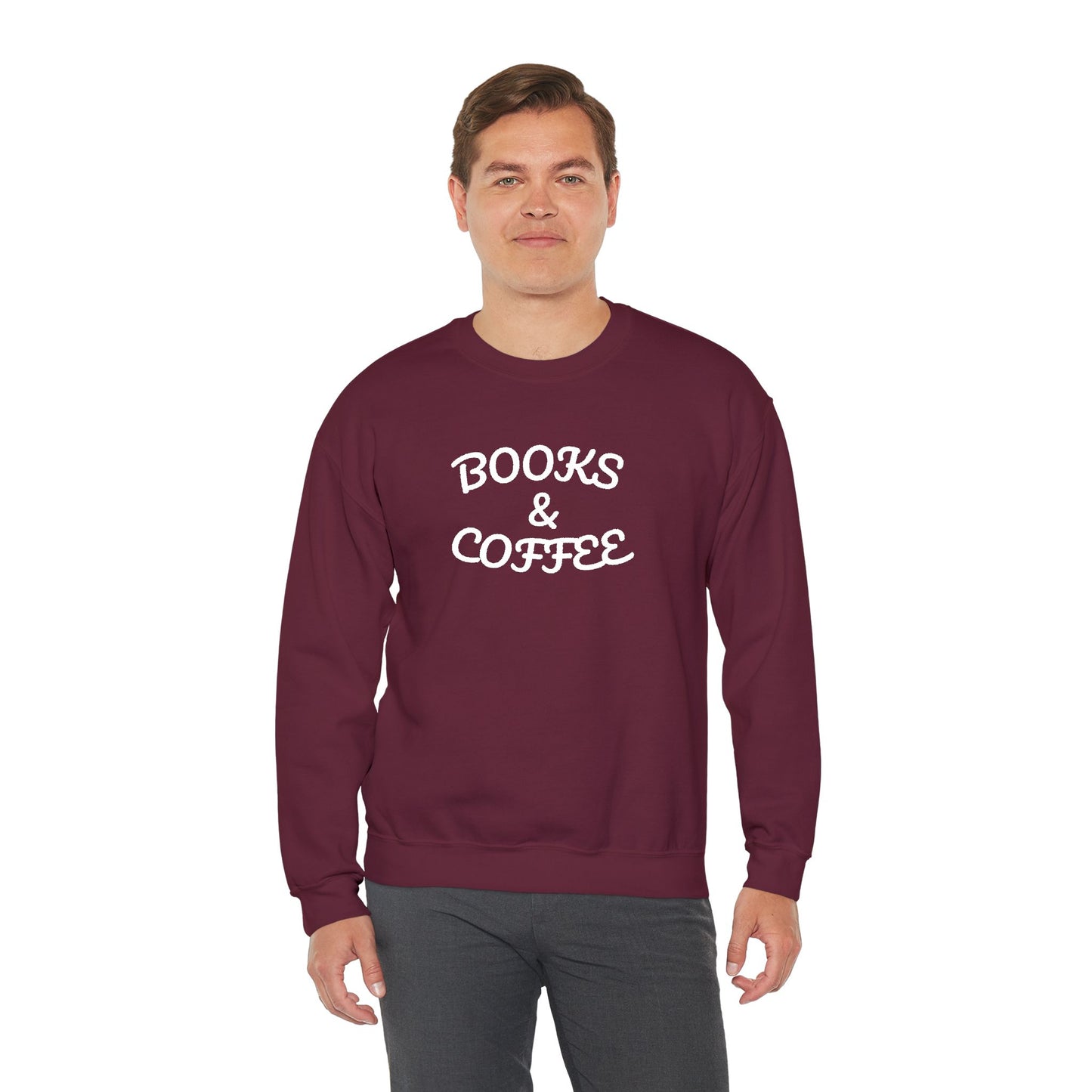 Books & Coffee Embroidered Crewneck — Vintage Reader Sweatshirt