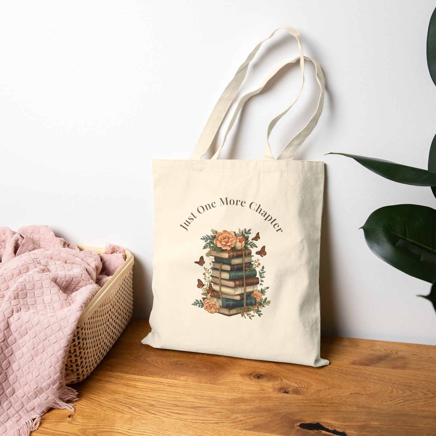 “Just One More Chapter” Canvas Tote — Vintage Floral Book Lover Bag