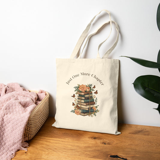 “Just One More Chapter” Canvas Tote — Vintage Floral Book Lover Bag