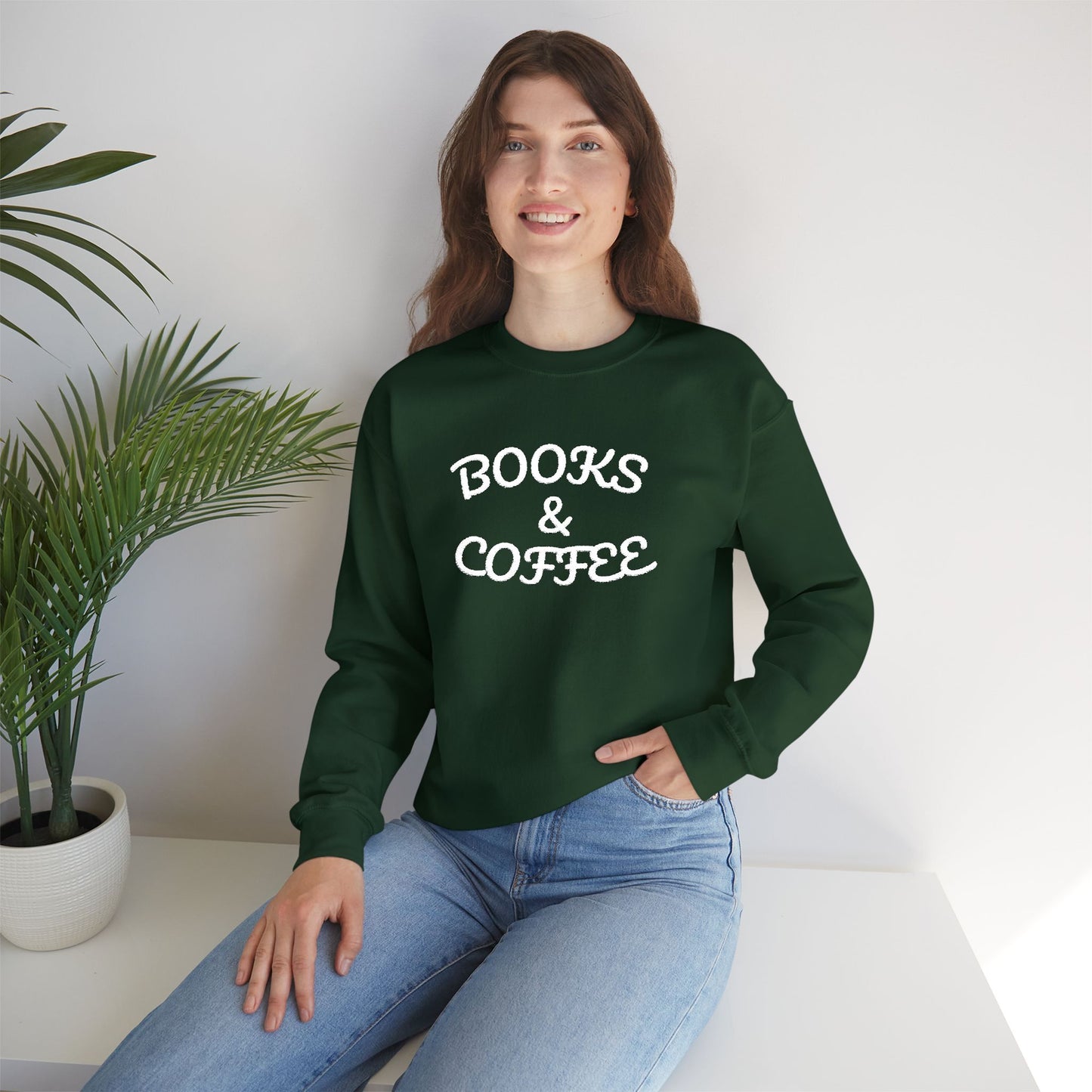 Books & Coffee Embroidered Crewneck — Vintage Reader Sweatshirt