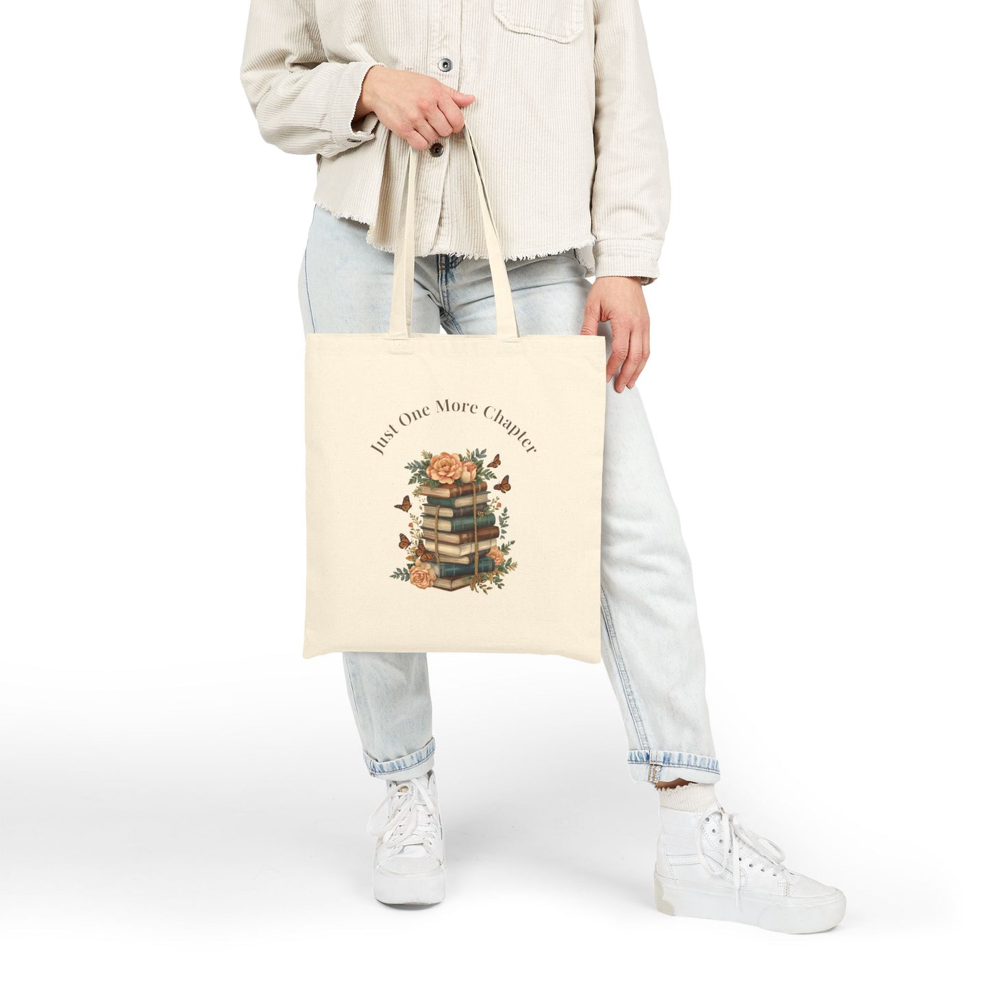“Just One More Chapter” Canvas Tote — Vintage Floral Book Lover Bag