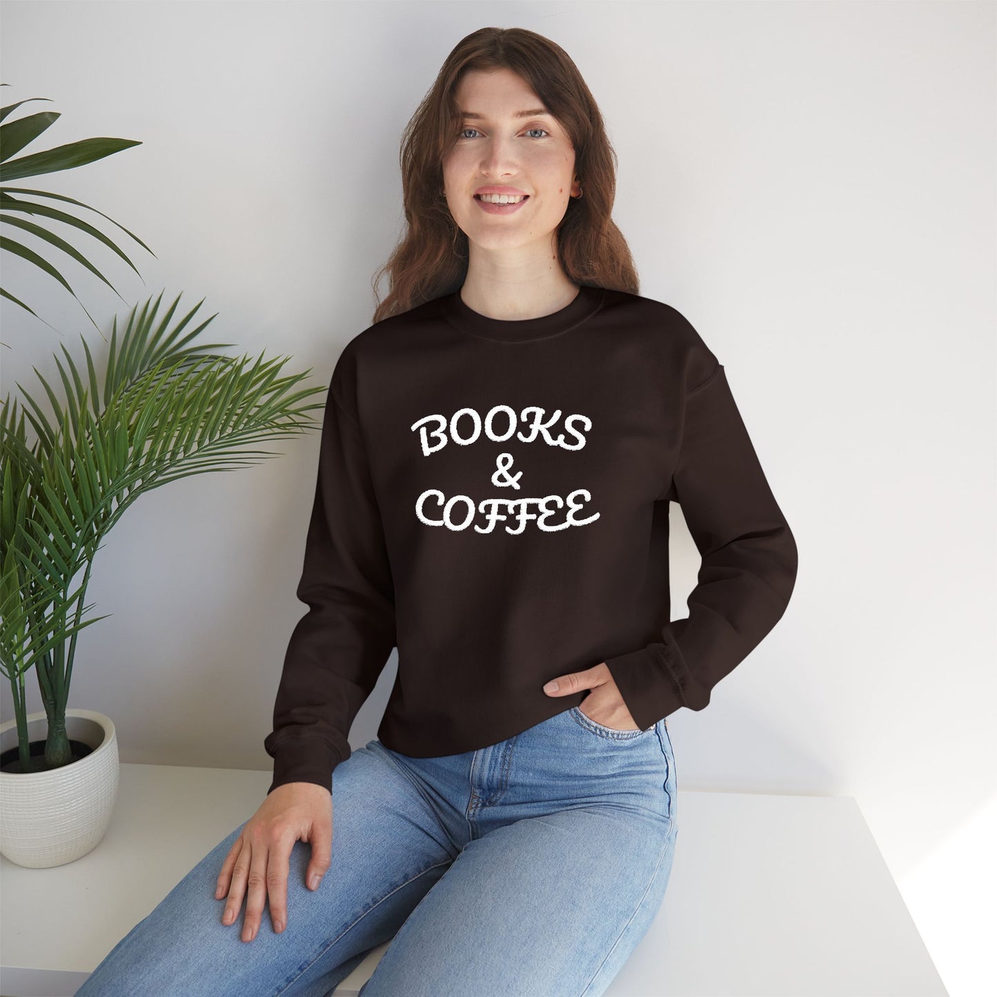 Books & Coffee Embroidered Crewneck — Vintage Reader Sweatshirt