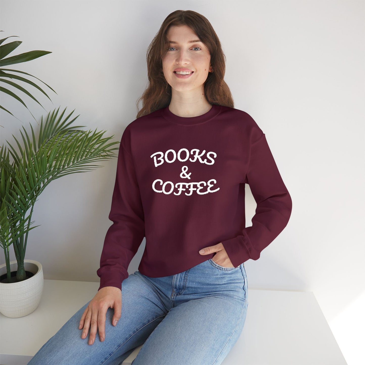 Books & Coffee Embroidered Crewneck — Vintage Reader Sweatshirt